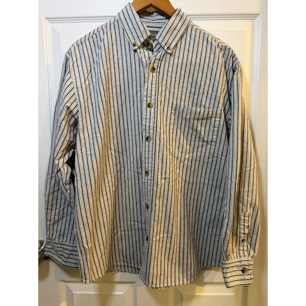 CE Schmidt Workwear Men’s Large Shirt Button Up Long Sleeve Blue White Stripe